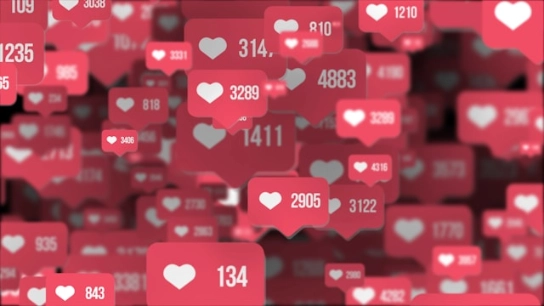 An abstract image with numerous notification icons showing like counts, symbolizing audience engagement.