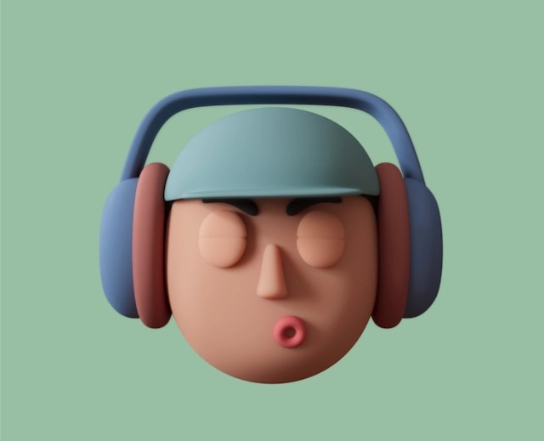 The animated head of a person with headphones.