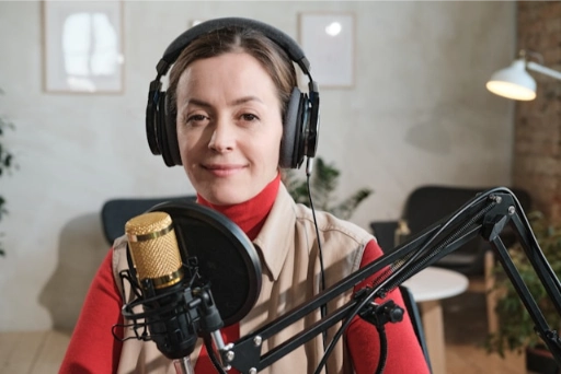 A voiceover artist sitting in front of a microphone and wearing headphones.