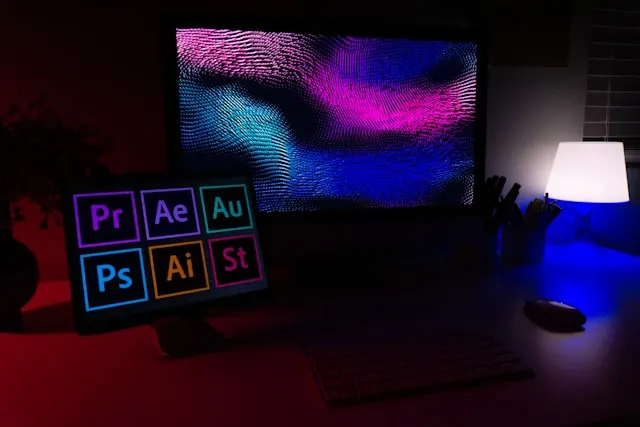 Adobe product logos displayed next to a desktop.