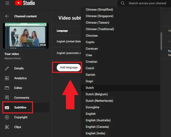 Click "add language" to add subtitles.