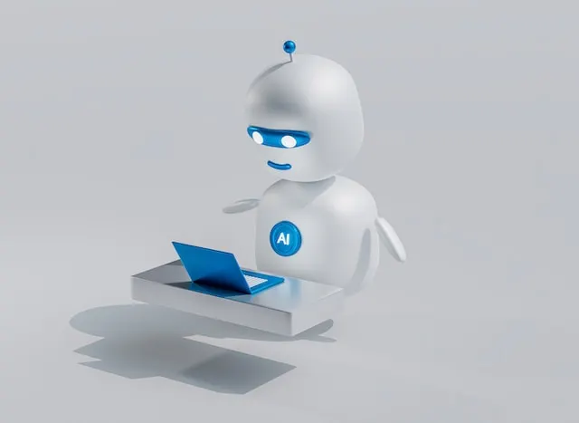 The illustration of an AI bot working on a laptop.