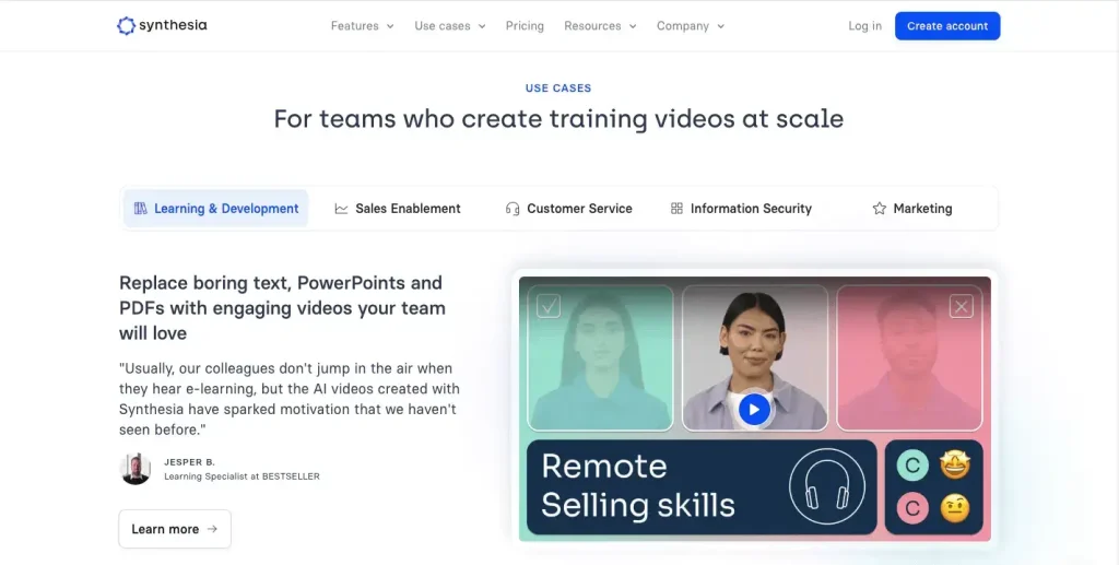 The homepage of Synthesia AI video generator, a powerful tool to make training videos.