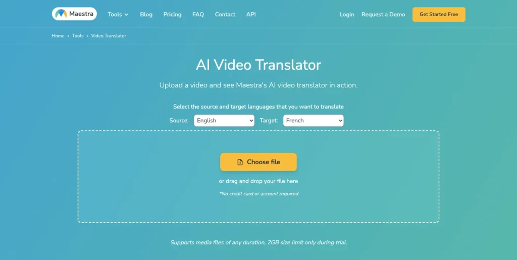 The homepage of Maestra's AI video translator, a powerful tool to make training videos.