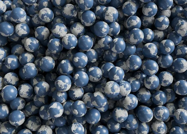 A large pile of blue and white globes.