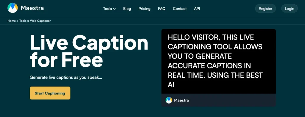 The web page of Maestra's AI live captioning tool.