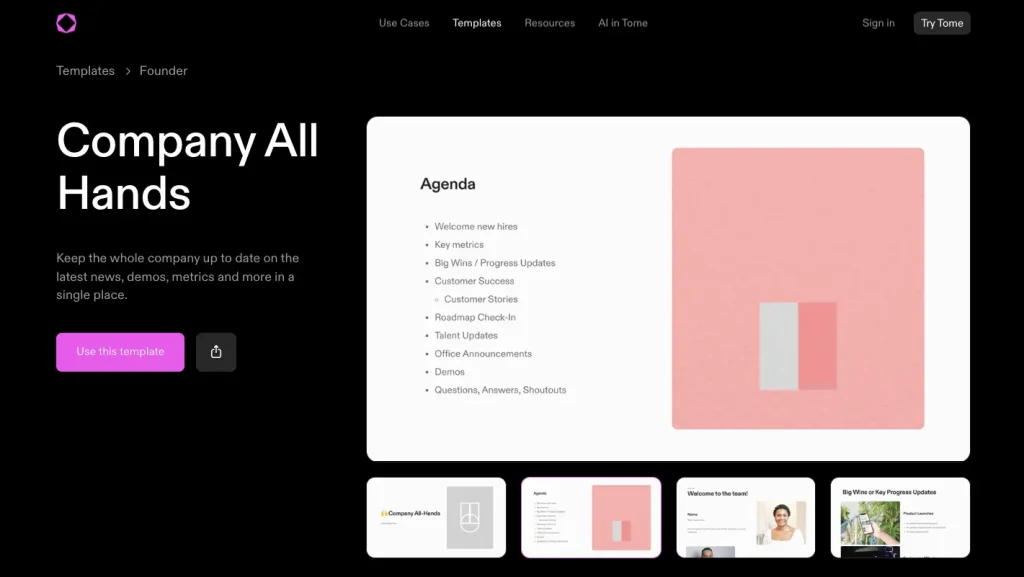 The interface of Tome's AI-powered template that can be used for all-hands meetings.