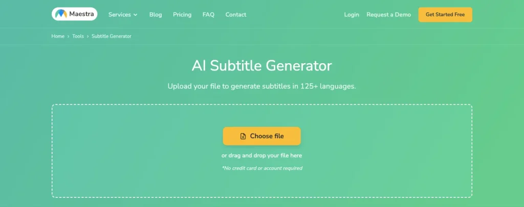 The interface of Maestra's AI subtitle generator with a drag-and-drop file option.