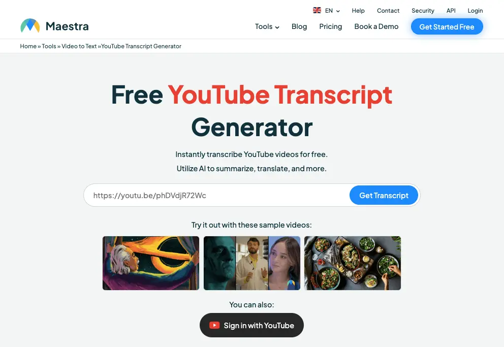 How to get the transcript of a YouTube video with Maestra's free YouTube transcript generator.