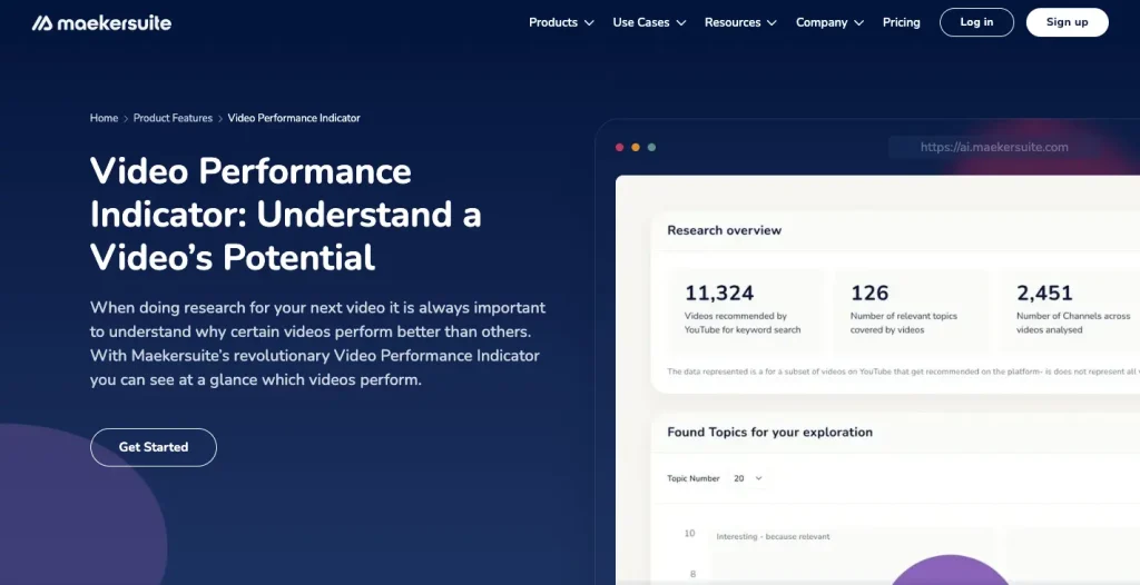 The web page of Maekersuite's Video Performance Indicator, a tool to grow your YouTube channel.