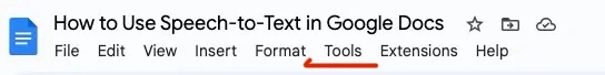 Google Docs top menu with "Tools" section underlined in red.