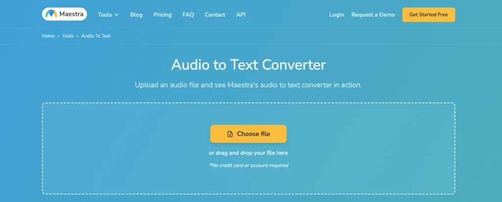 The interface of Maestra's audio to text converter to transcribe audio to text.