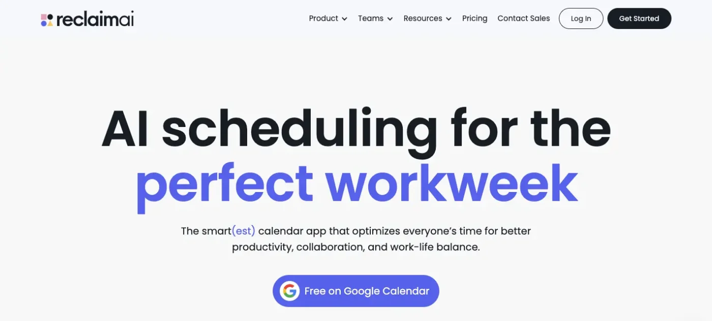 The homepage of Reclaim AI, a tool for automated scheduling.