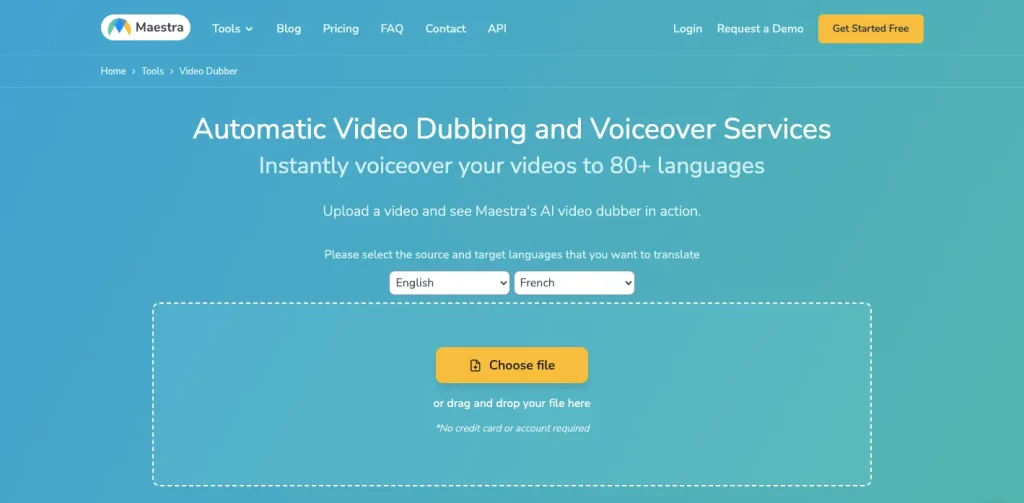 The web page of Maestra's AI video dubber for adding voiceovers in more than 125 languages.