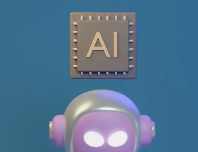 A purple robot with an AI sign above its head.