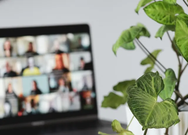 A laptop screen showing a virtual meeting with multiple participants.