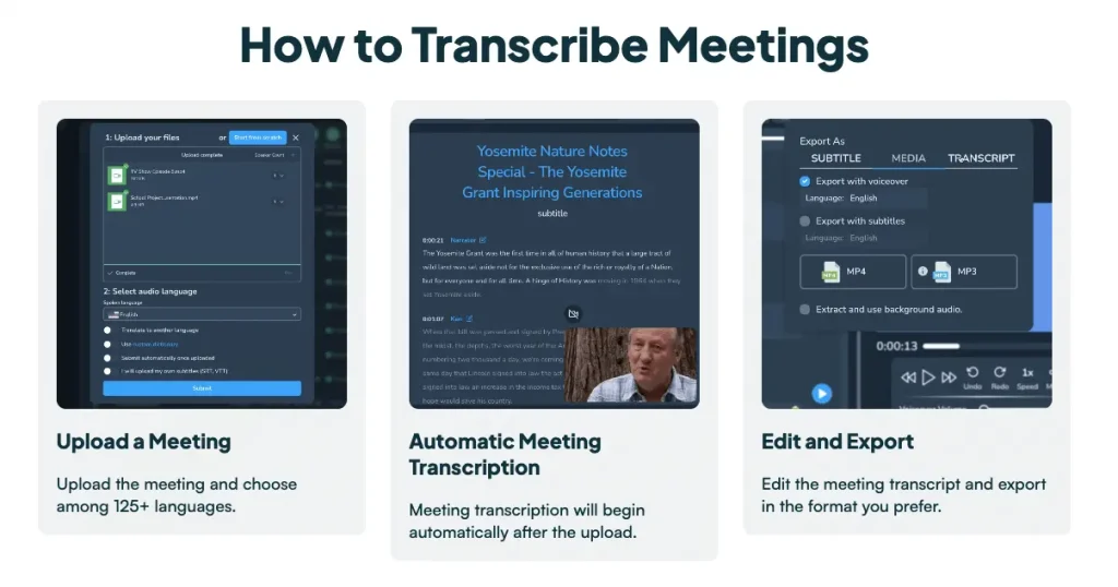 The steps for transcribing an introductory meeting with Maestra's AI Transcript Generator.