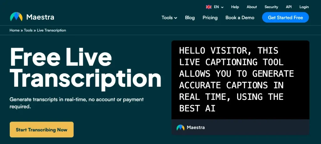 The web page of Maestra's free live transcription tool.