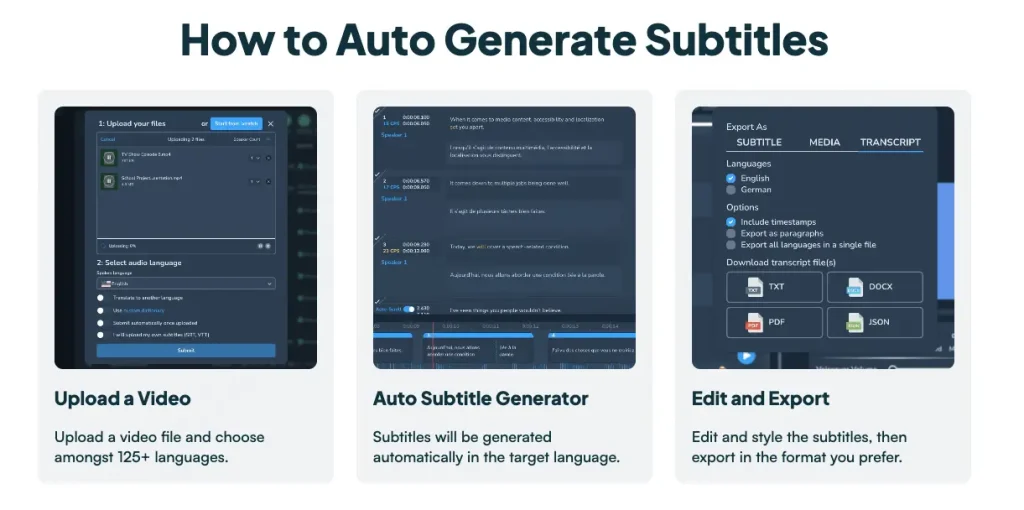 The steps on how to auto generate subtitles with Maestra's AI Subtitle Generator.