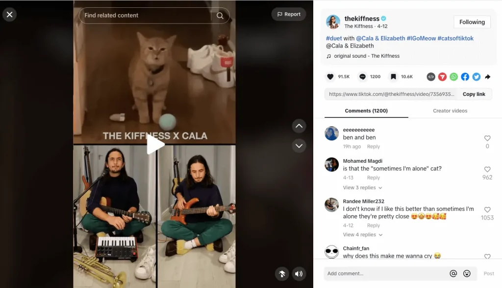 The interface of TikTok web showing a video, sharing options, likes, and comments.