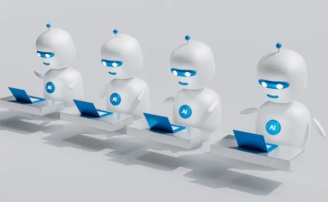 Four blue and white AI robots working on laptops.