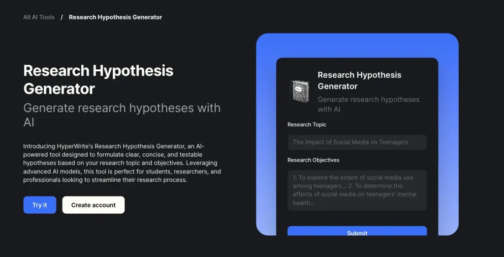 The web page of Hyperwrite's Research Hypothesis Generator.