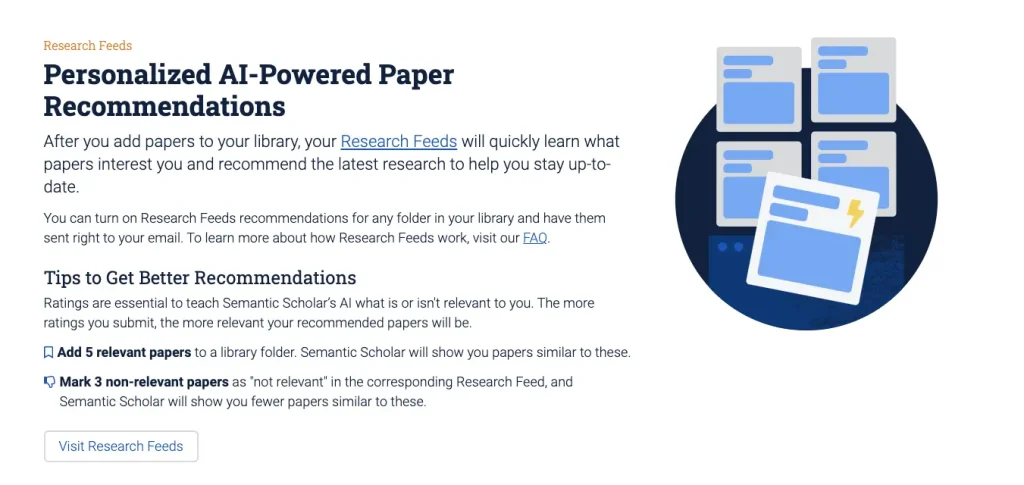 Semantic Scholar's web page on personalized AI-powered paper recommendations.