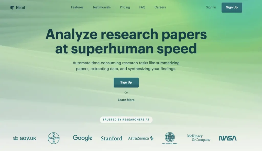 The homepage of Elicit, one of the AI tools for academic research.