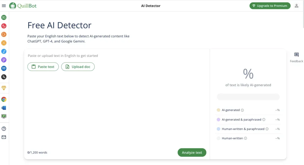 The interface of Quillbot's Free AI Detector.