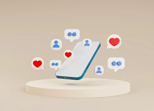 A smartphone illustration surrounded by symbols for likes, comments and users.