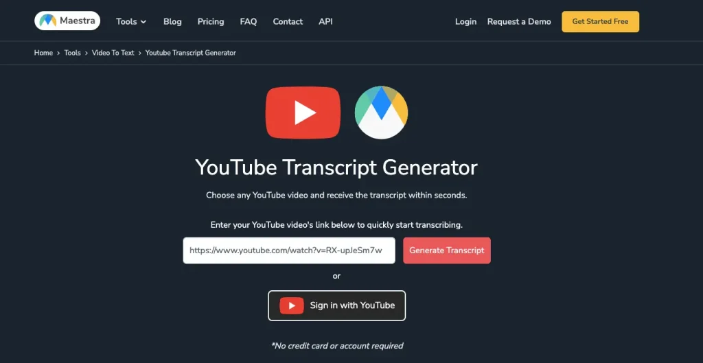 The web page of Maestra's AI YouTube Transcript Generator.