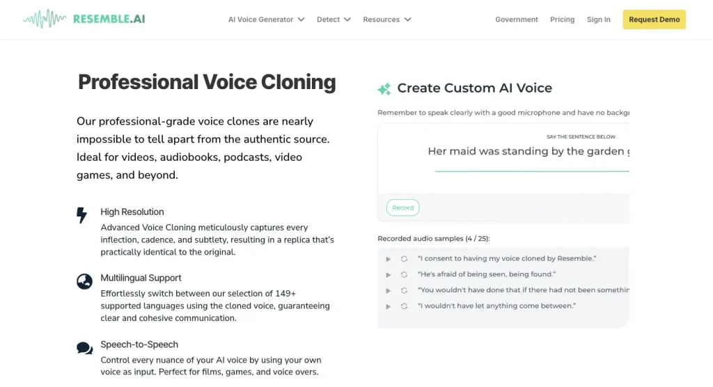 The web page of Resemble AI's voice cloning tool.