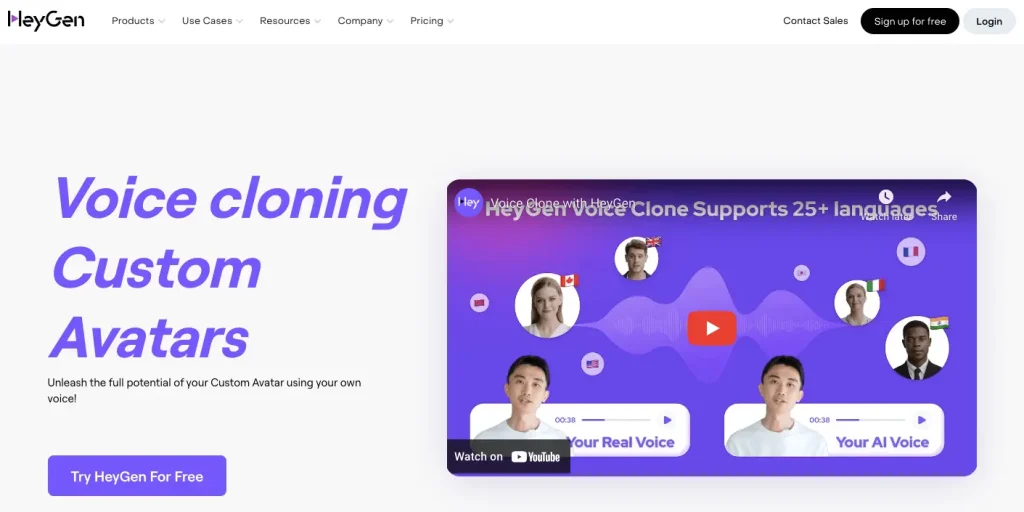 The web page of HeyGen's voice cloning feature, paired with custom avatars.