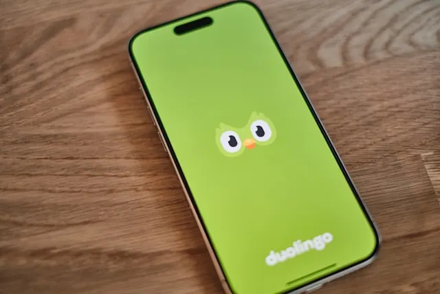 A smartphone screen displaying the Duolingo icon.