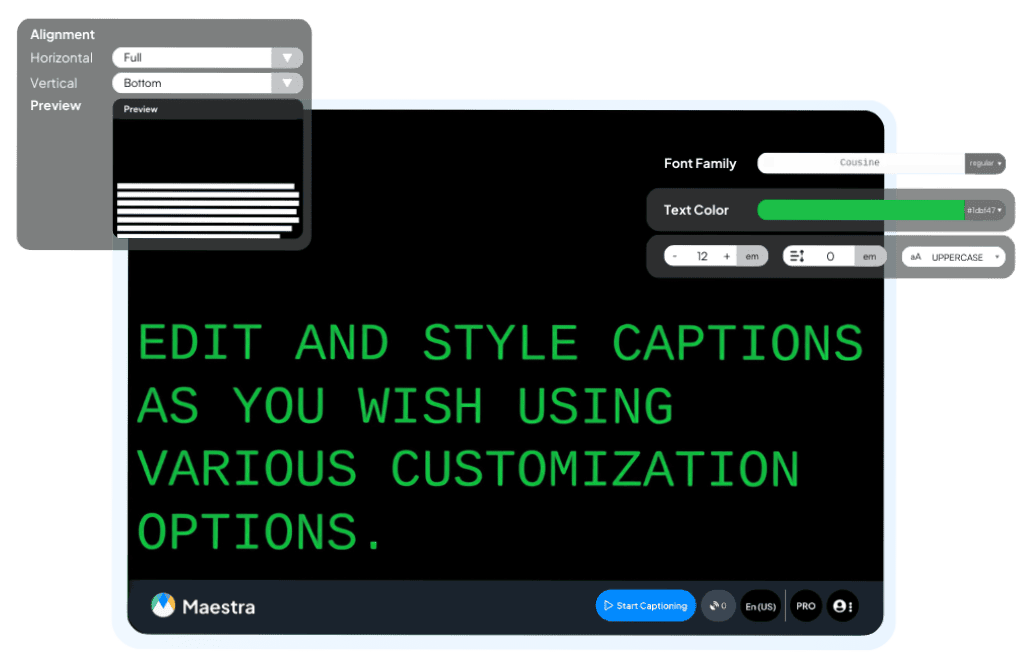 The interface and customization options of Maestra's free live transcription app.