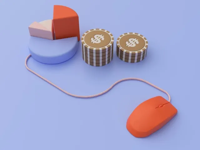 An icon of coins near a computer mouse and pie chart.