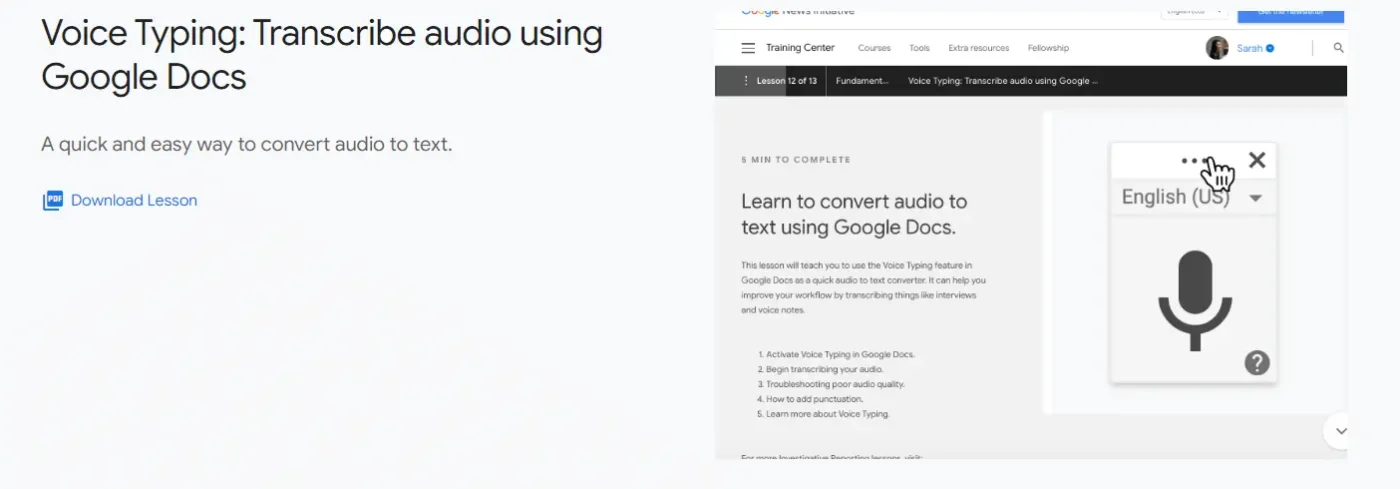 Transcribe live audio for free with Google Docs Voice Typing.