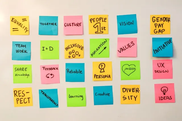 Post-it notes with keywords on company culture.