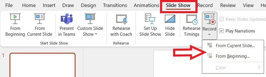 Select "From Current Slide" or "From Beginning" from the "Record" tab.