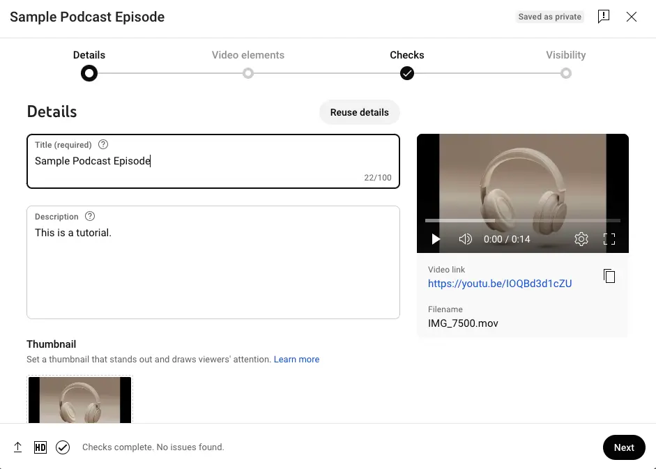 How to add podcast episode details on YouTube.