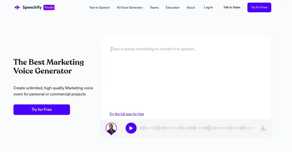 Web page of Speechify's Marketing Voice Generator, one of the best Wondercraft AI alternatives