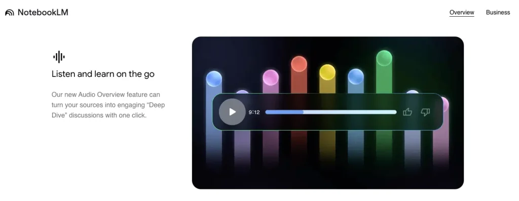 Homepage of Google's NotebookLM product, highlighting its Audio Overview feature.