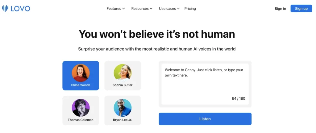 Home page of Lovo AI, one of the best Wondercraft AI alternatives for generating audio ads.