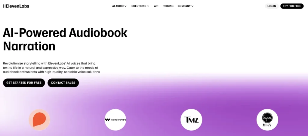 Web page of ElevenLabs' AI-powered audiobook narration tool.