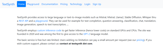 TextSynth generates text-based outputs and provides API support for text generation.