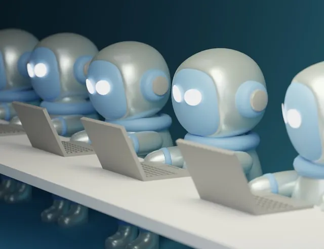 A row of AI robots typing on laptops, representing how to generate funny text to speech voices.