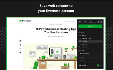 Evernote is an extension for note-taking and saving web content.