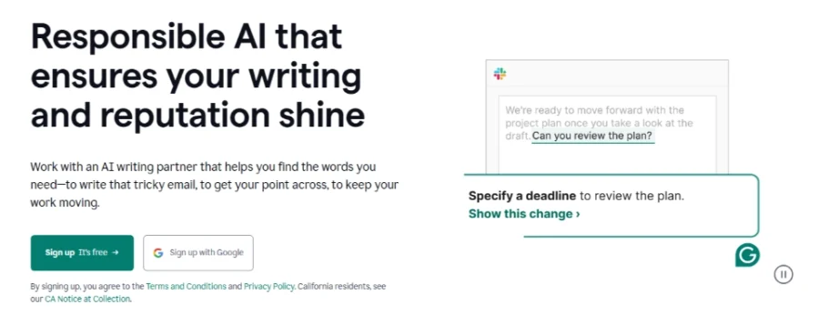 Grammarly's web page, focusing on artifical intelligence.