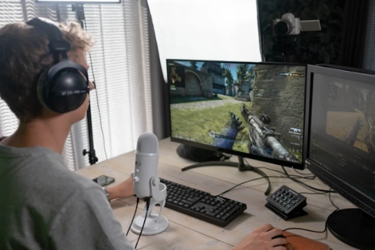 A gamer live streaming while playing an FPS game.