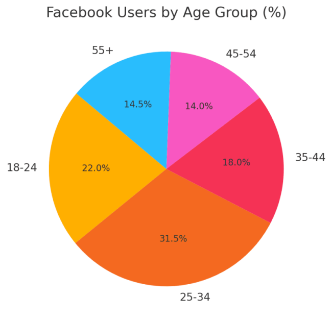 Facebook users by age group pie chart.